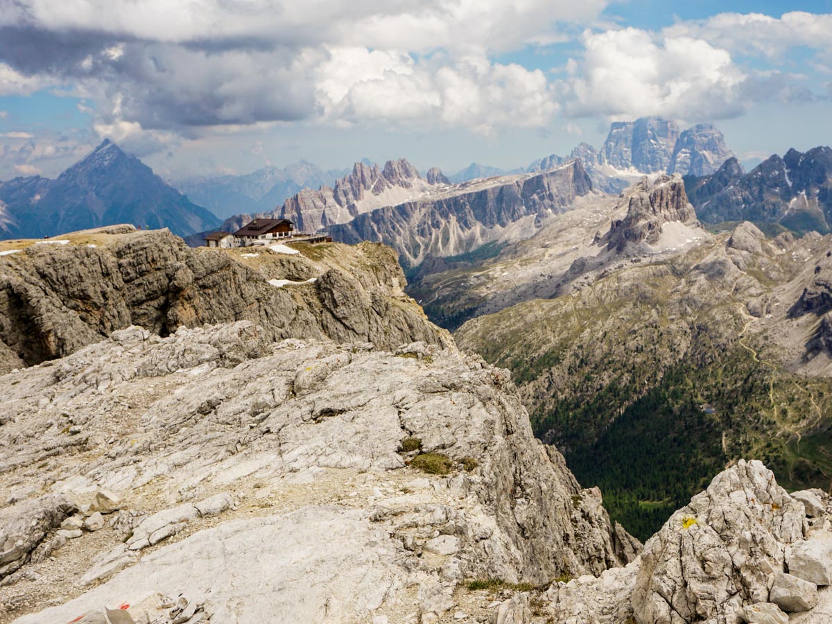Rifugio views from the Lagazuoi to Passo Falzarego Hike in Dolomites, Italy