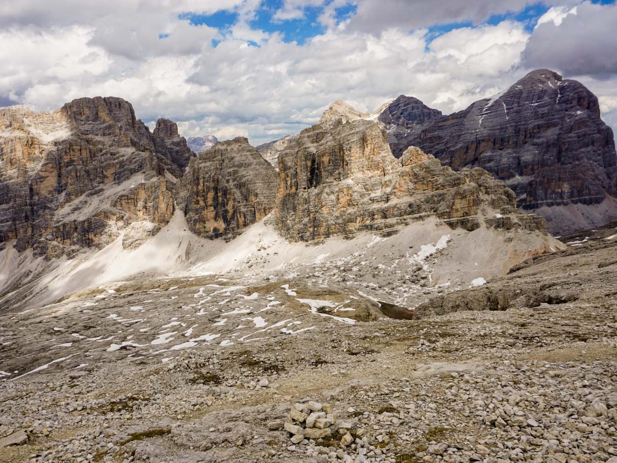 Looking down from rifugio on the Lagazuoi to Passo Falzarego Hike in Dolomites, Italy