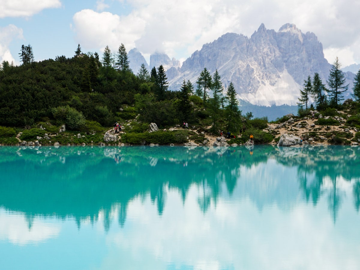 Beautiful blue lake on the Lago di Sorapiss Hike in Dolomites, Italy