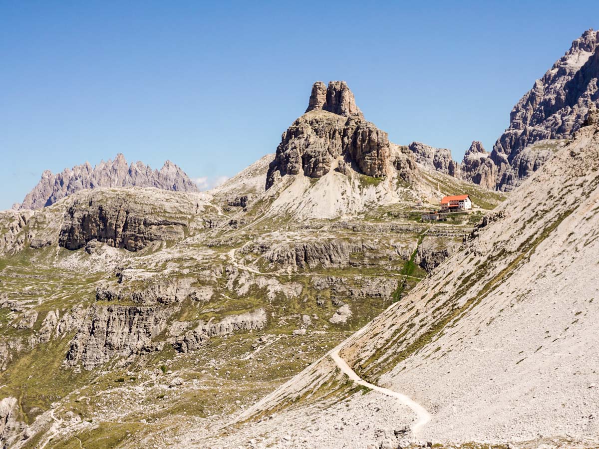 Looking up at Rifugio Locatelli from the Tre Cime di Lavaredo Hike in Dolomites, Italy