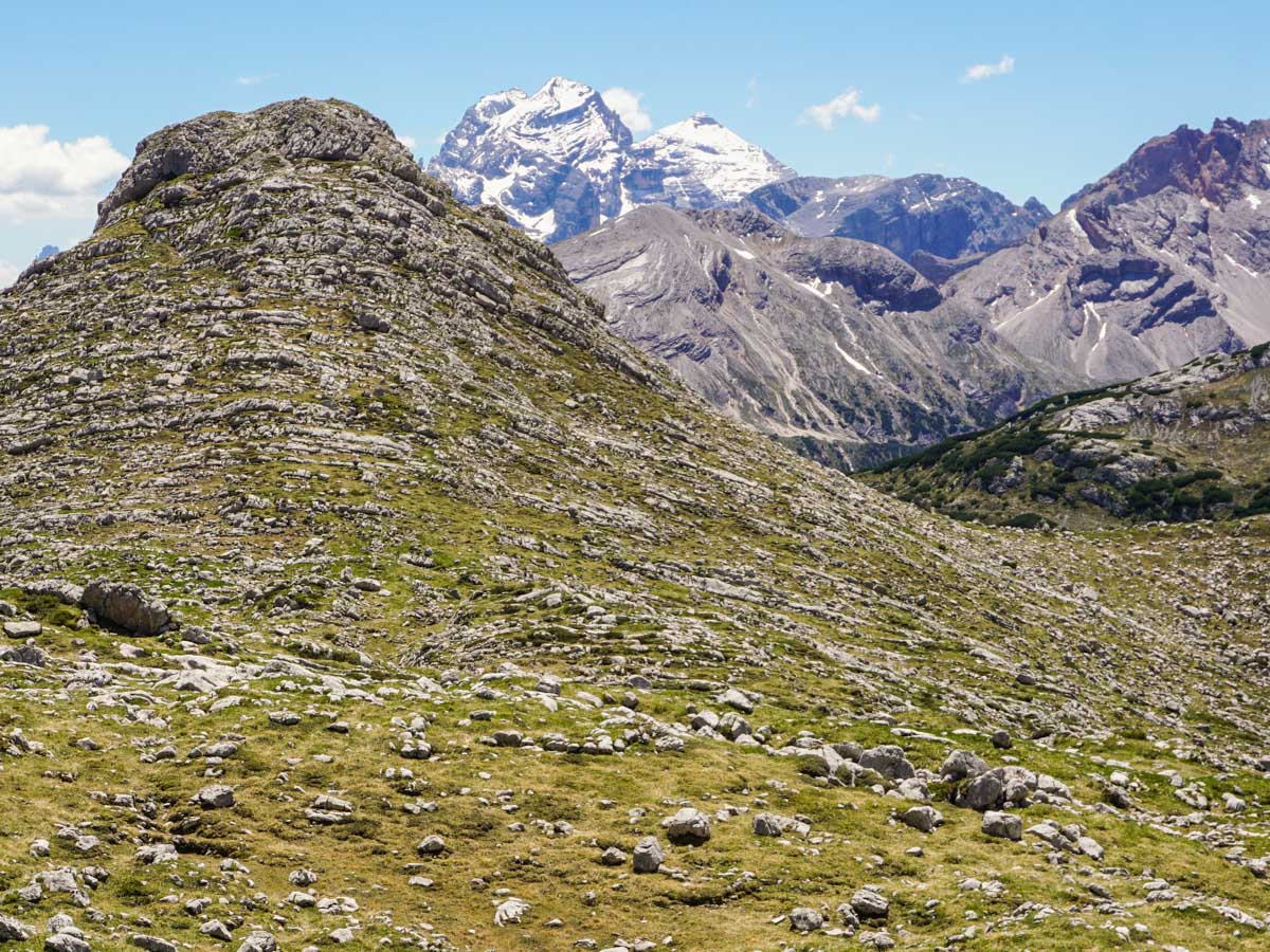 Big alpine scenery near Rifugio Biella on the Alpe di Sennes Hike in Dolomites, Italy