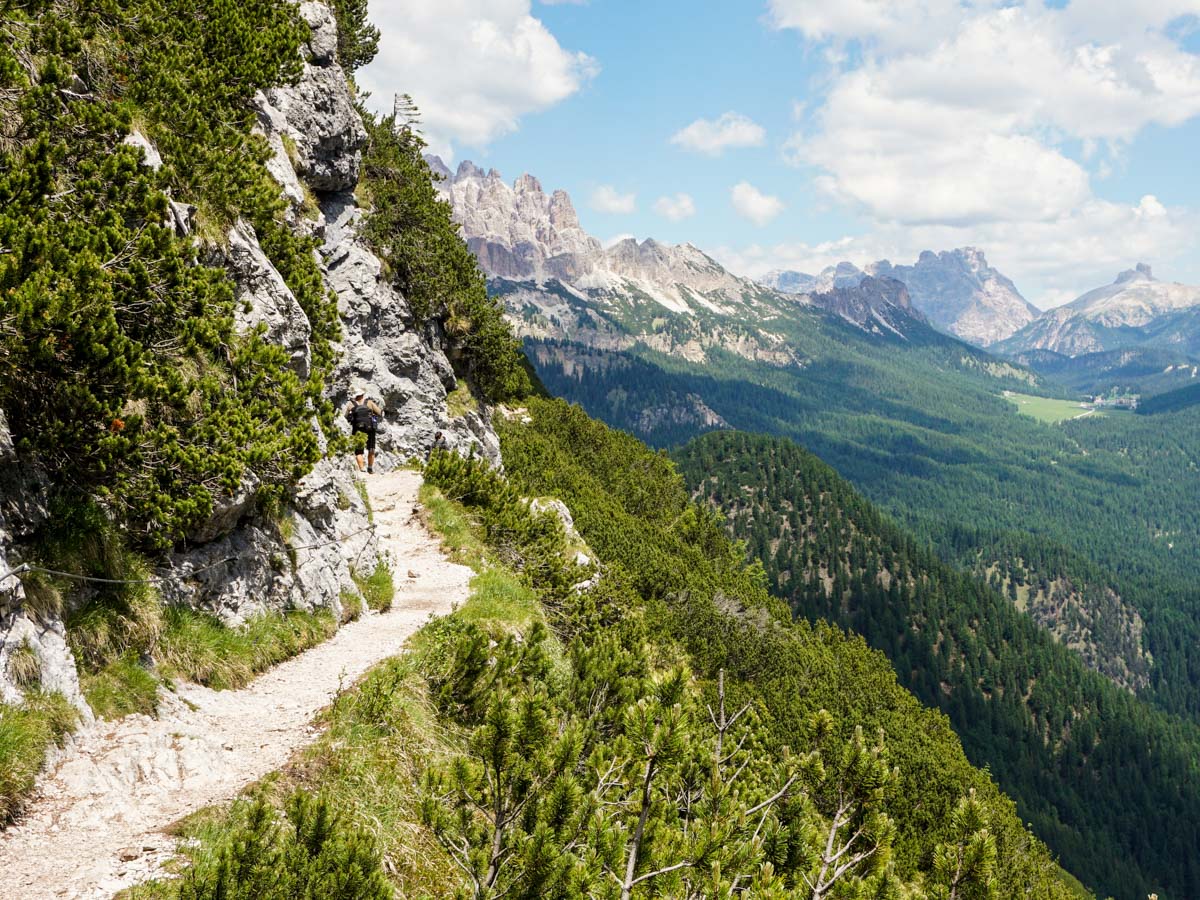 Narrow path of the Lago di Sorapiss Hike in Dolomites, Italy