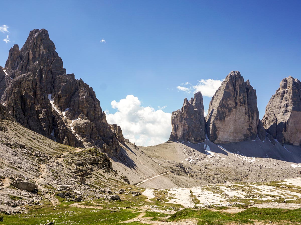 Views of The Cime di Lavaredo and Cime Passaporto from the Tre Cime di Lavaredo Hike in Dolomites, Italy