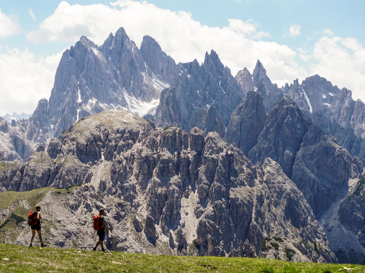 Hikers on the Tre Cime di Lavaredo Hike in Dolomites, Italy