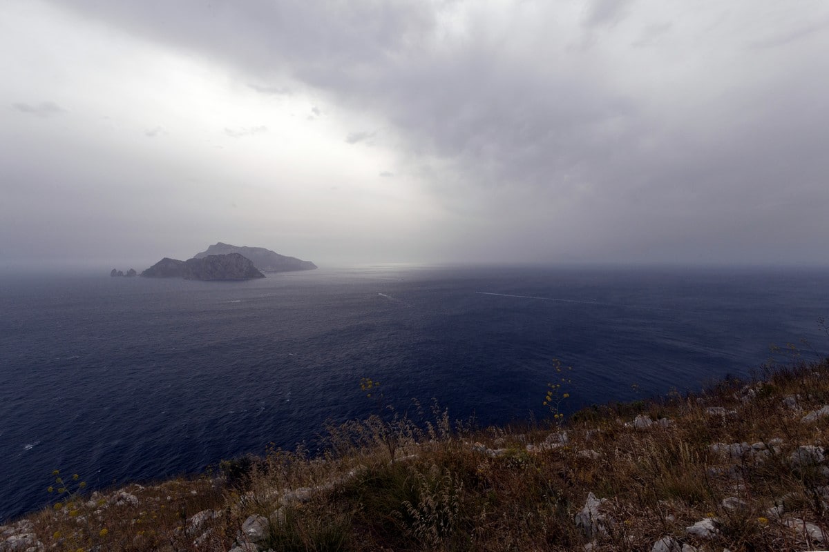 Capri Island and Tyrrhenian sea from the Punta Campanella Hike in Amalfi Coast, Italy