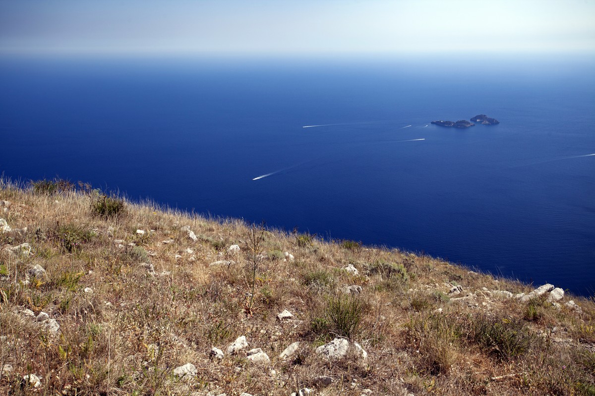 Boat traffic on Li Galli archipelago from the Monte Comune Hike in Amalfi Coast, Italy