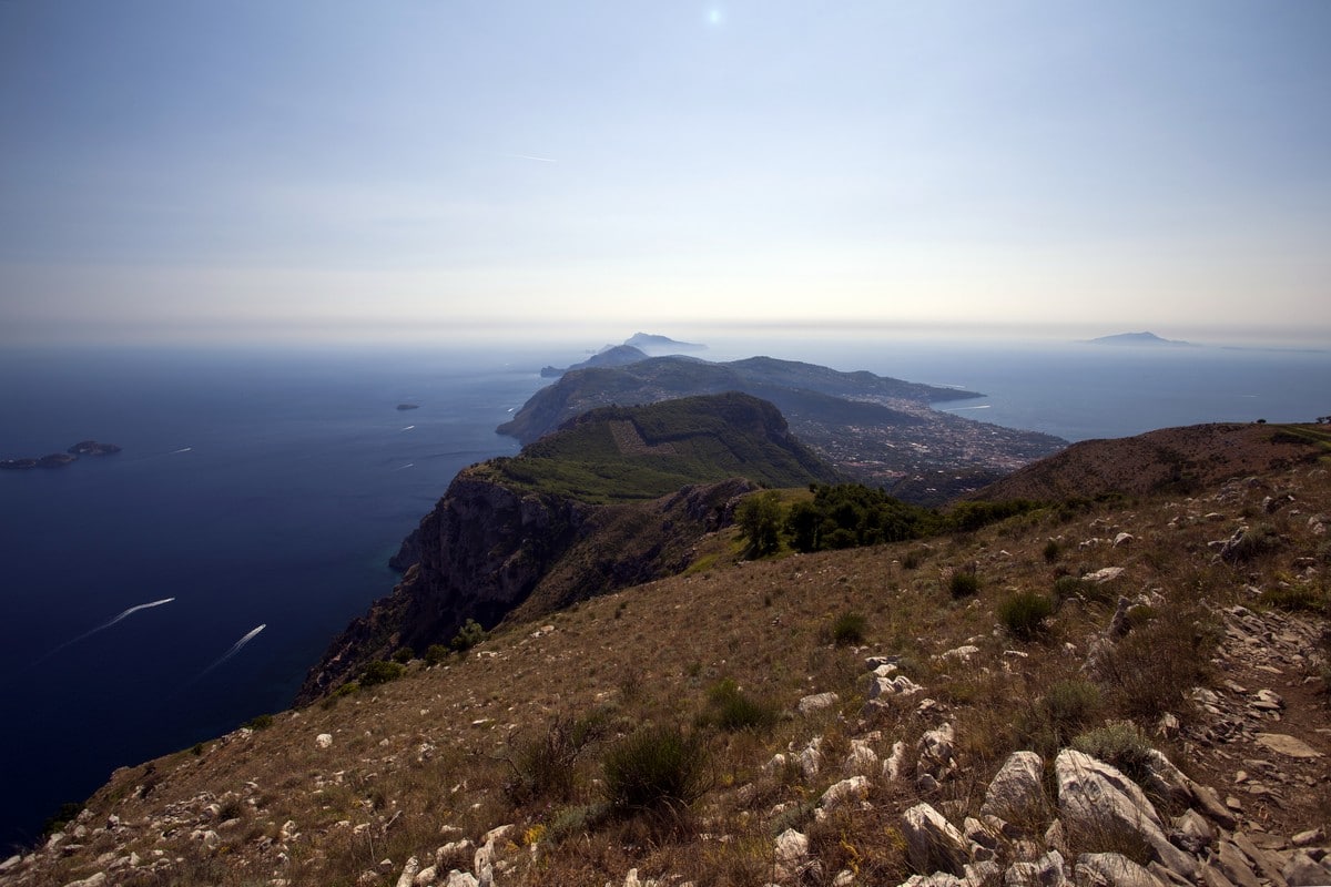 The trail of the Sorrentine Peninsula from the Monte Comune Hike in Amalfi Coast, Italy