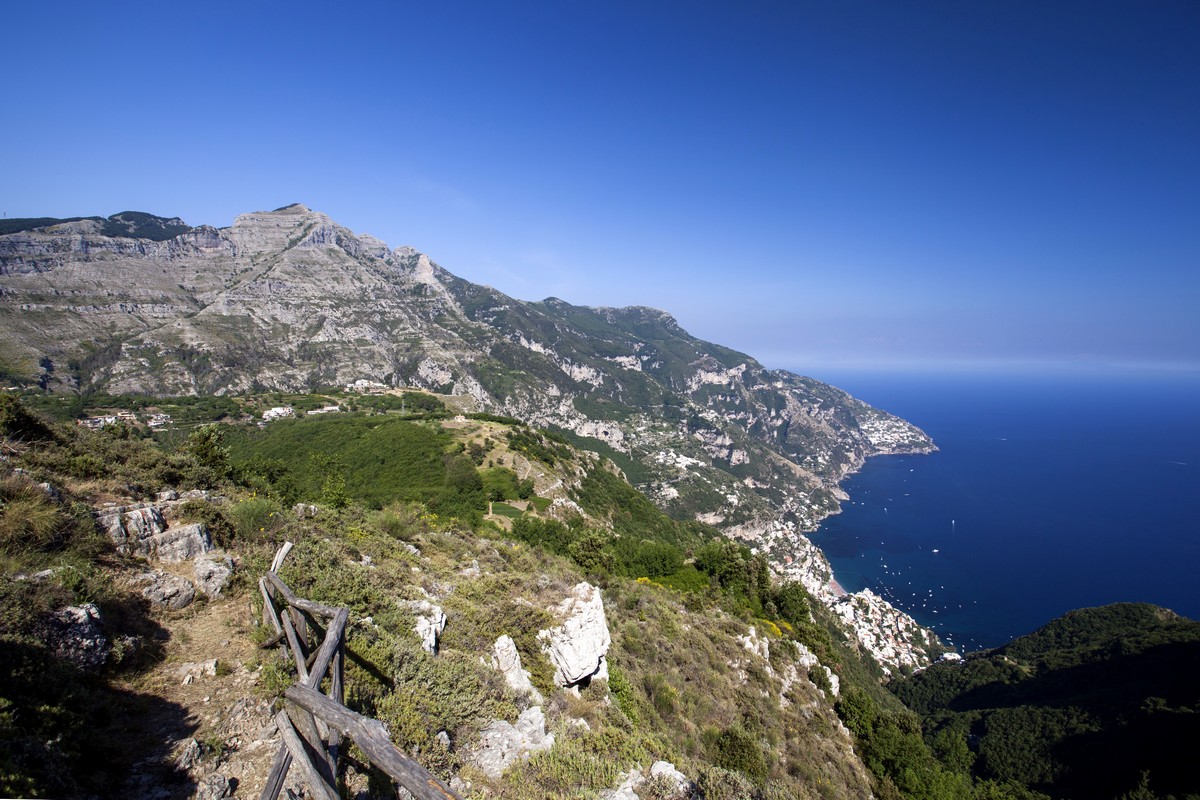 The Lattari mountains and Positano below from the Monte Comune Hike in Amalfi Coast, Italy