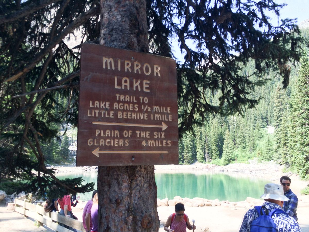 Wooden sign on the Lake Agnes Tea House Hike in Lake Louise, Banff National Park