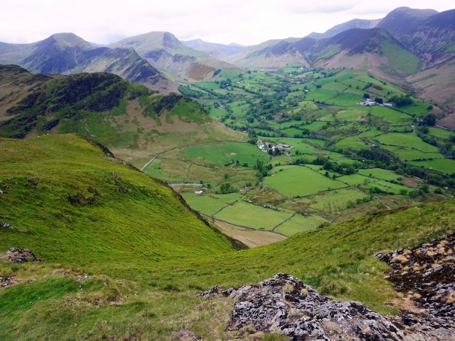 Farms and mountains from the Newlands Horseshoe Hike in Lake District, England