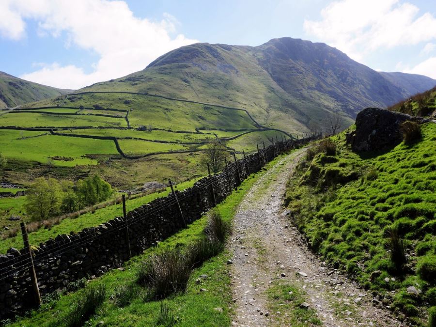 Trail heading up the valley on the Roman High Street Circuit Hike in Lake District, England