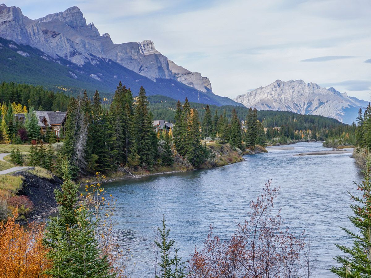 Beautiful views along the river on the Bow River Trail Hike in Canmore, Alberta