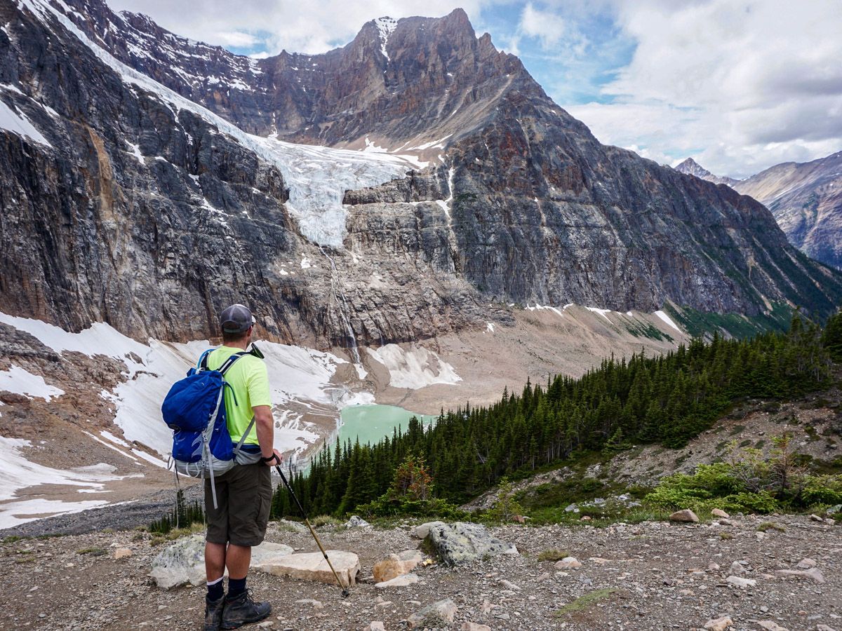 Hiker looking at mountains on Cavell Meadows Hike in Jasper National Park