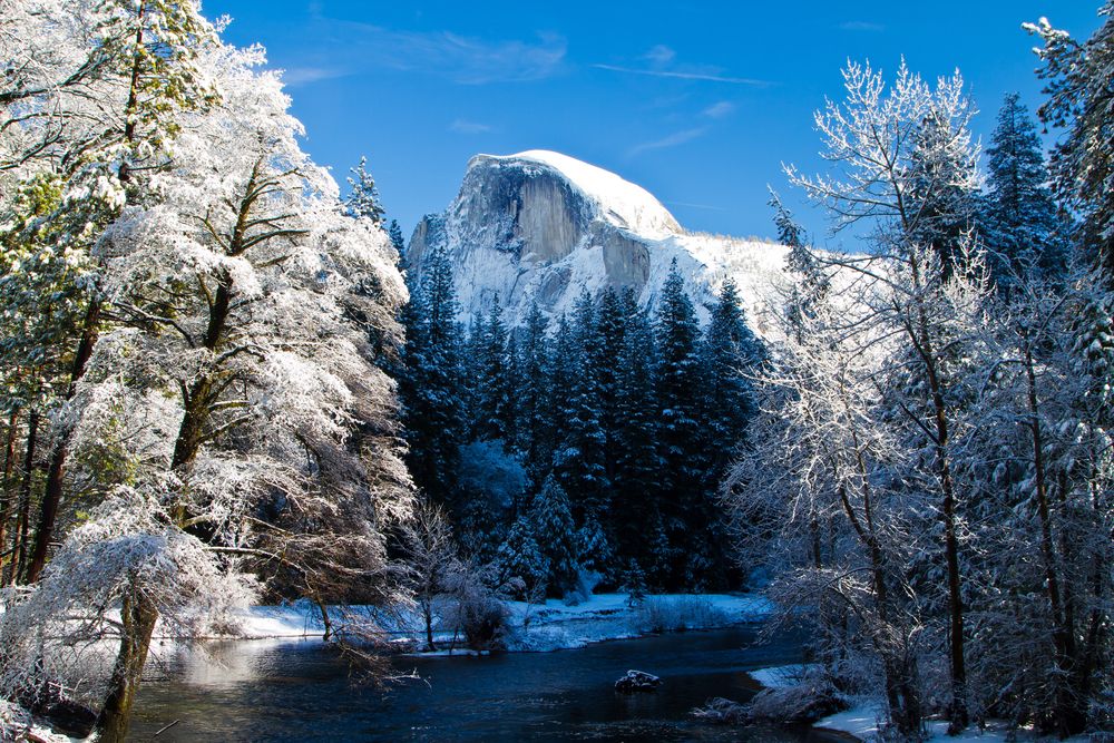 Merced River and Half Dome on a winter weekend in Yosemite National Park