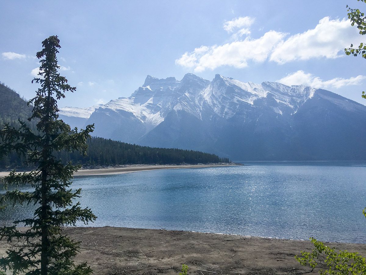 Beautiful walk along the lake on the Aylmer Lookout via Lake Minnewanka Hike near Banff