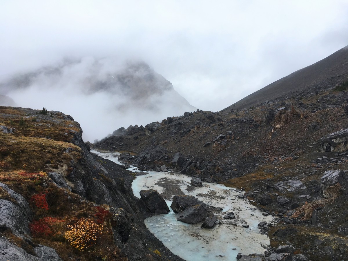 Headwaters of the Brazeau River looking towards Tangle Ridge on the Nigel Pass Hike from the Icefields Parkway near Banff National Park