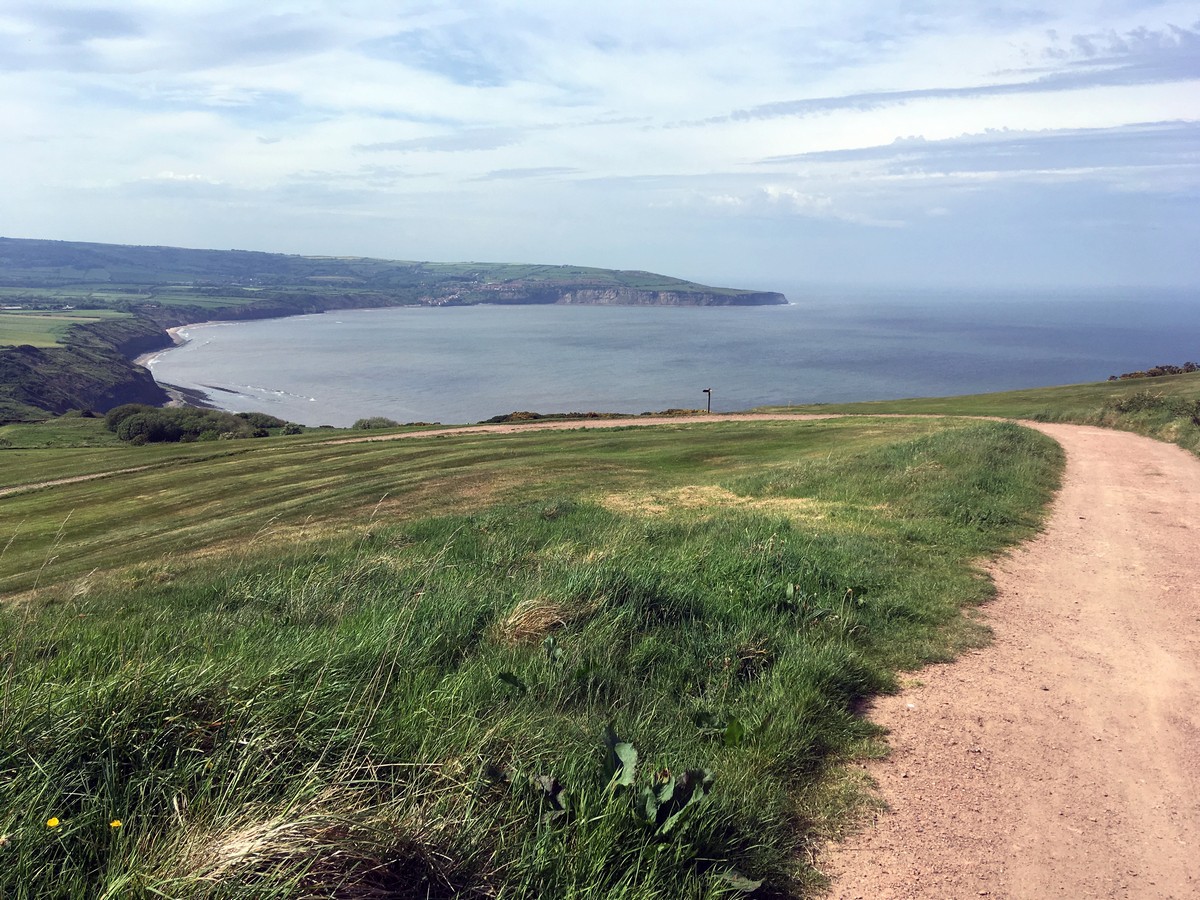 View across the bay from the Ravenscar and Robin Hood’s Bay Hike in North York Moors, England
