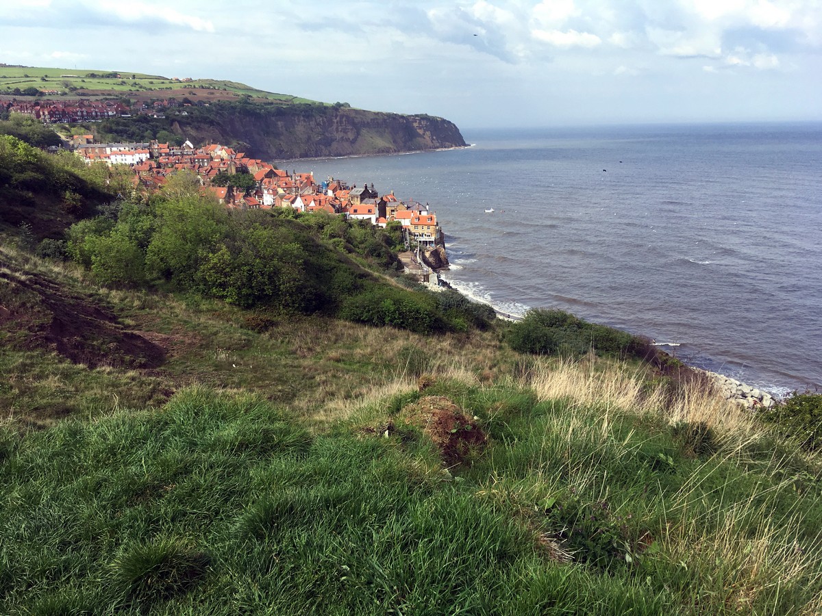 View down to the bay from the Ravenscar and Robin Hood’s Bay Hike in North York Moors, England