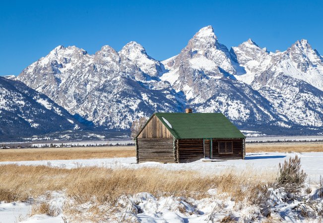 Old barn view on a winter weekend in Grand Teton National Park