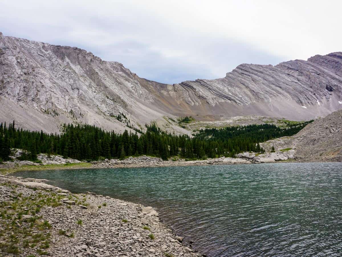 Looking across the lake on the Picklejar Lakes Hike in Kananaskis, near Canmore