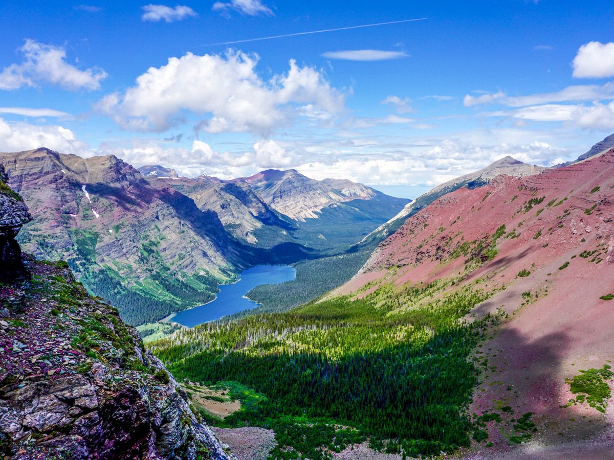 View from the mountain at Ptarmigan Tunnel Hike in Glacier National Park