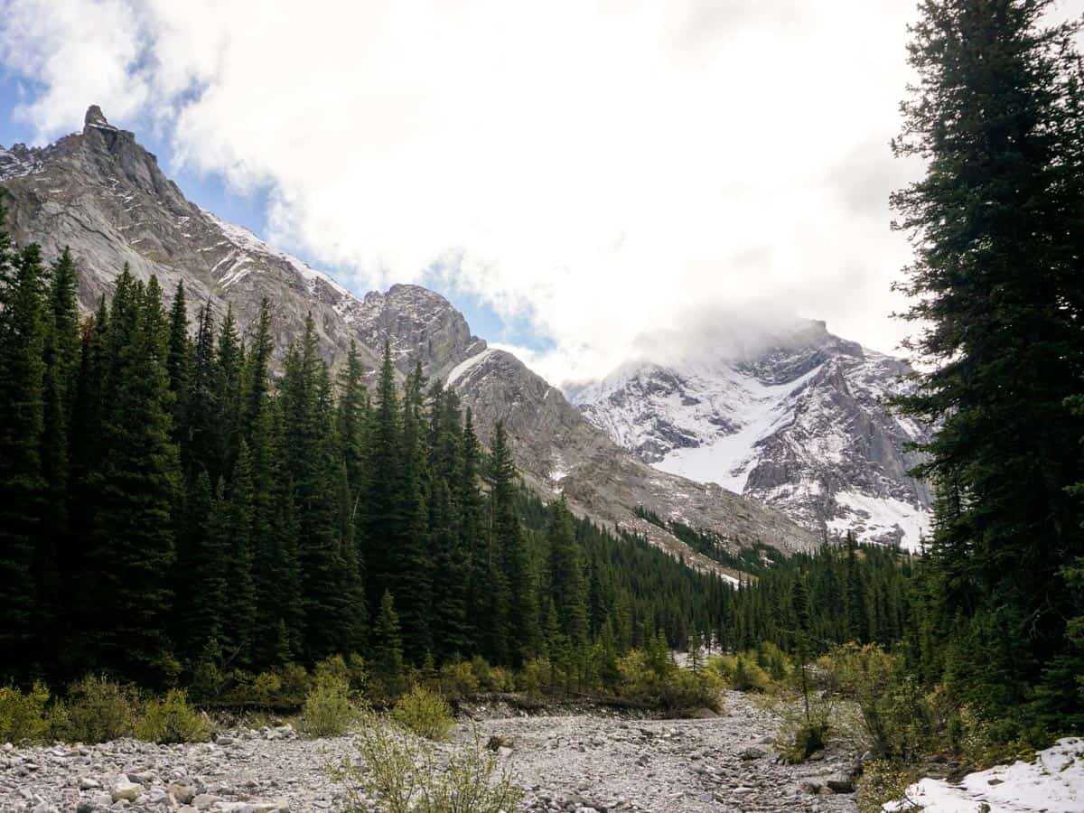 Walking up a steam bed on the Rae Glacier Hike in Kananaskis, near Canmore