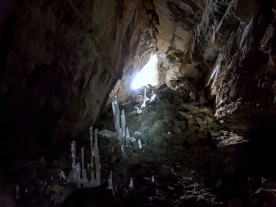 Light in the cave on the Canyon Creek Ice Caves Hike from Bragg Creek, Kananaskis