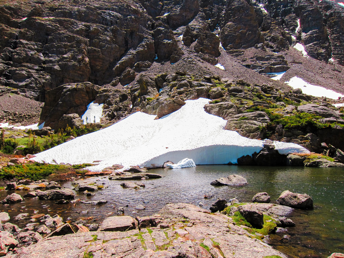 Snow on Sky Pond and Lake of Glass hike in Rocky Mountain National Park, Colorado