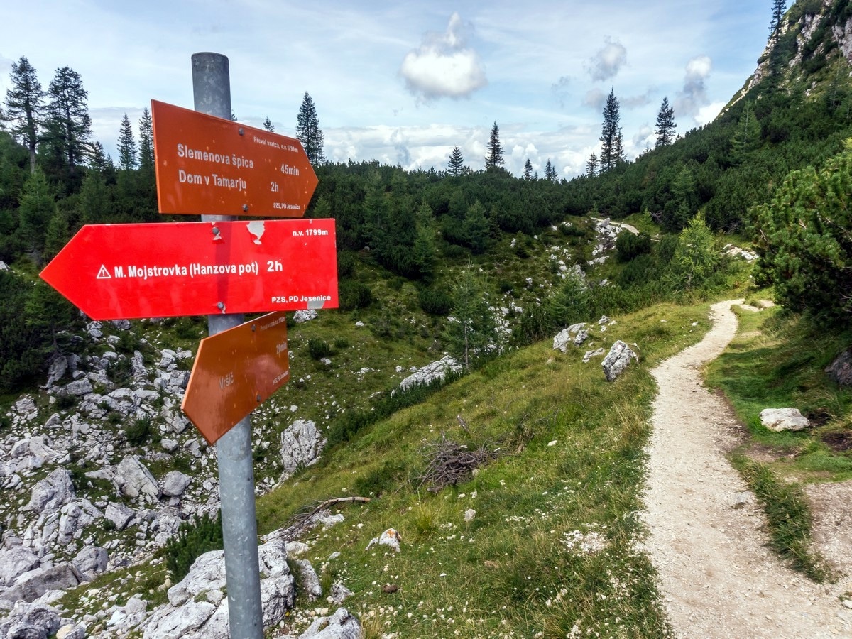 Signage at Vratca Pass on Slemenova Spica hike in Julian Alps
