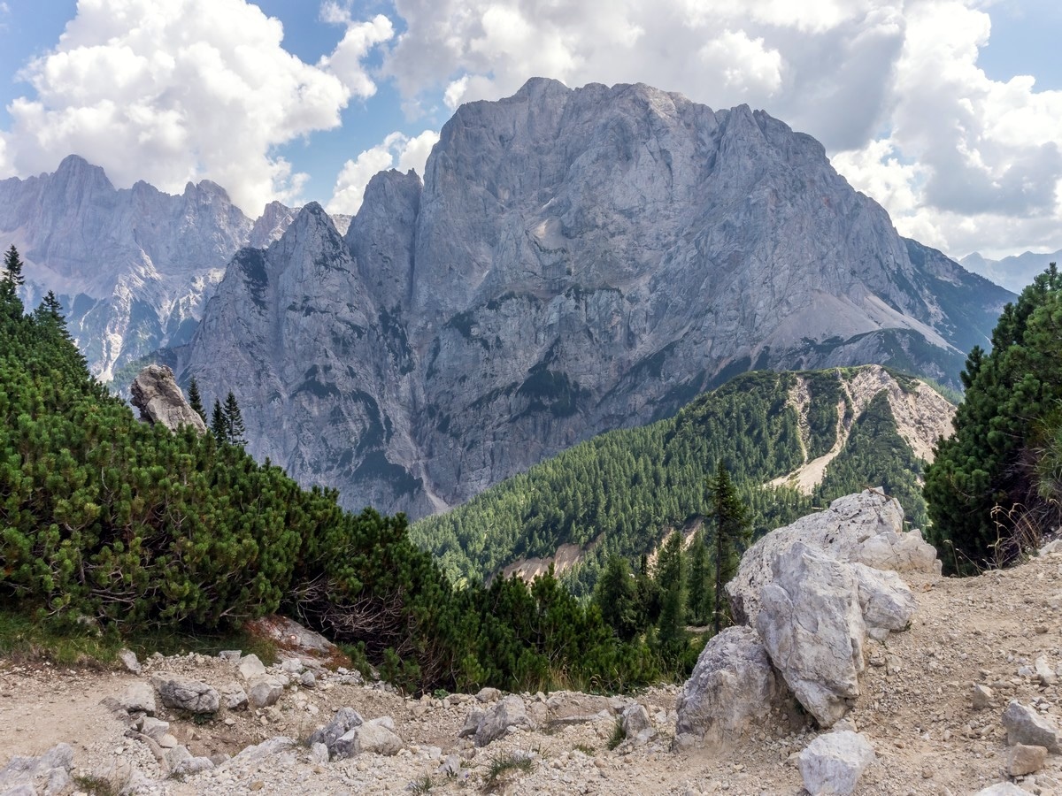 Mount Prisank view from Vratca Pass on Slemenova Spica hike in Julian Alps