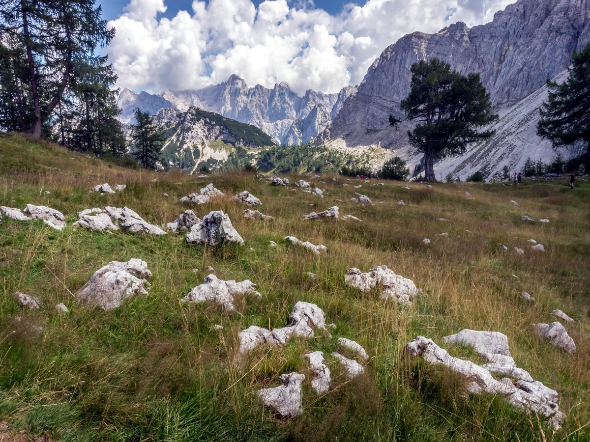 Mount Škrlatica on the horizon on Slemenova Spica hike in Julian Alps