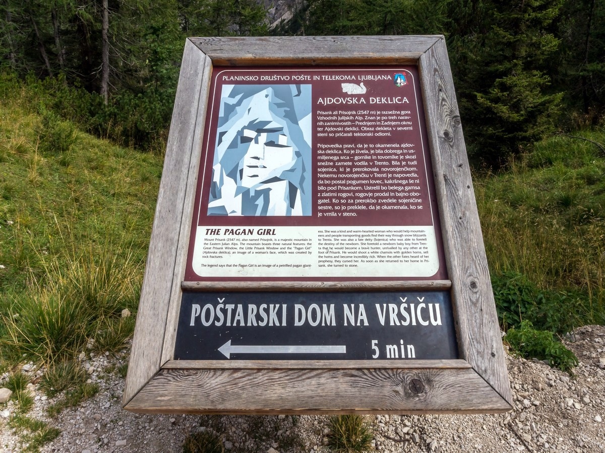 Information sign of the Path of The Pagan Girl Hike in Julian Alps, Slovenia