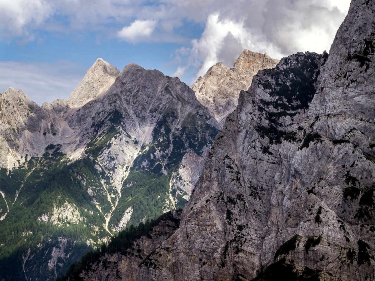 View to Mount Špik and Mount Škrlatica on Path of The Pagan Girl Hike in Julian Alps, Slovenia