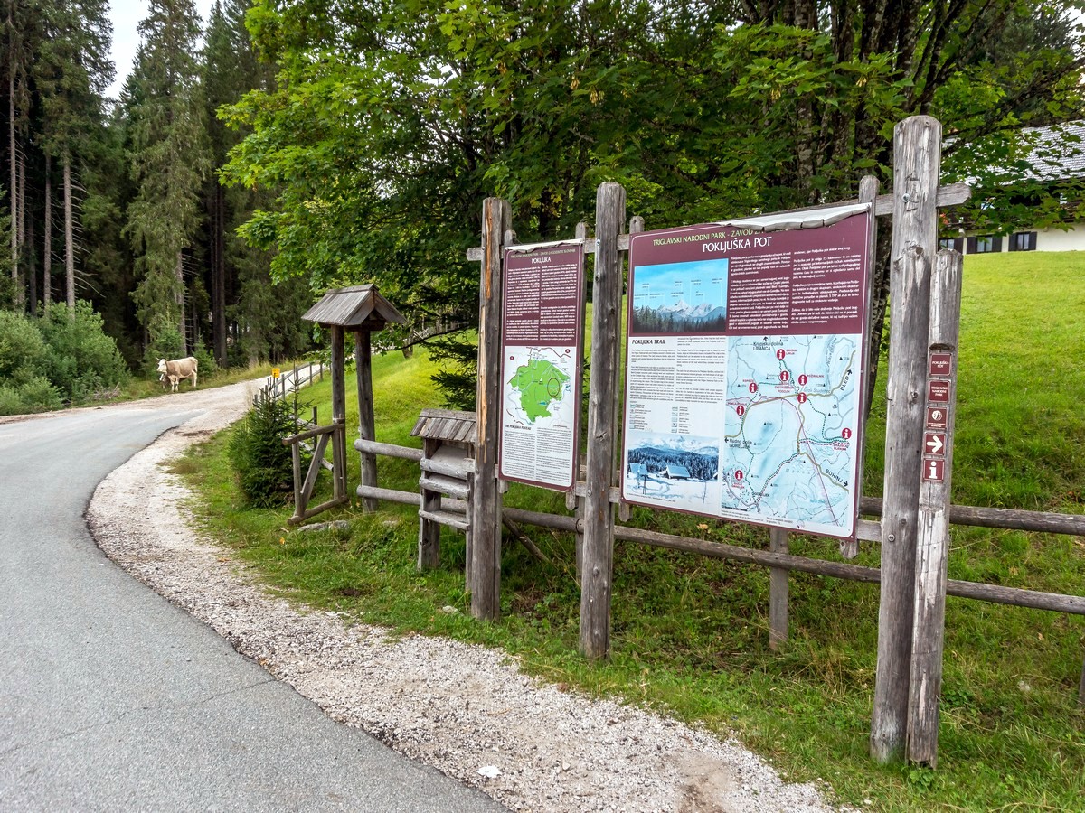 Information signs at Mrzli studenec on Debela Peč trail in Julian Alps, Slovenia