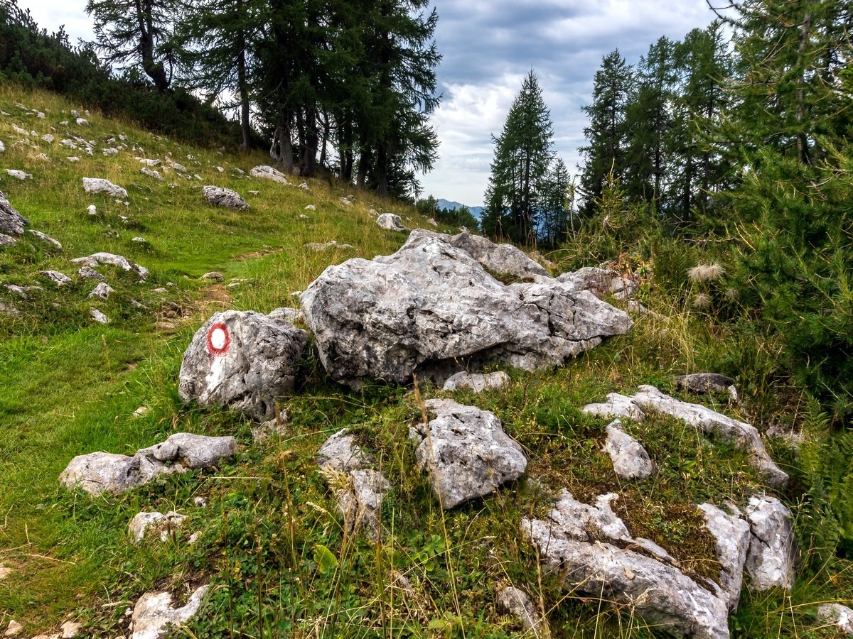 Route signage on Debela Peč trail in Julian Alps, Slovenia