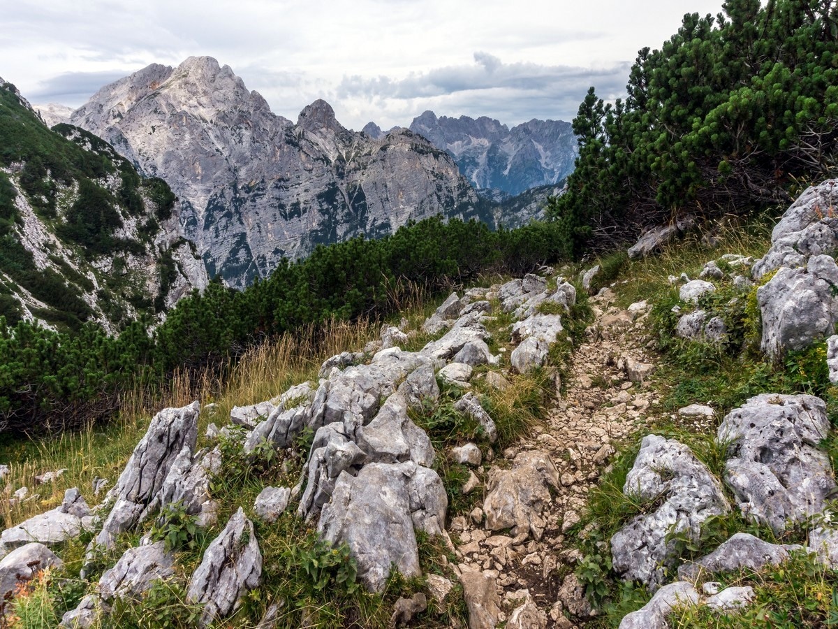 Mount Rjavina and Mount Škrlatica on Debela Peč trail in Julian Alps, Slovenia