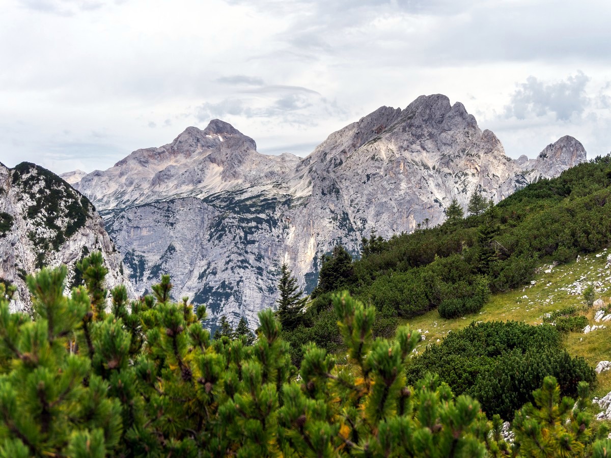 Mounts Triglav and Rjavina on Debela Peč trail in Julian Alps, Slovenia