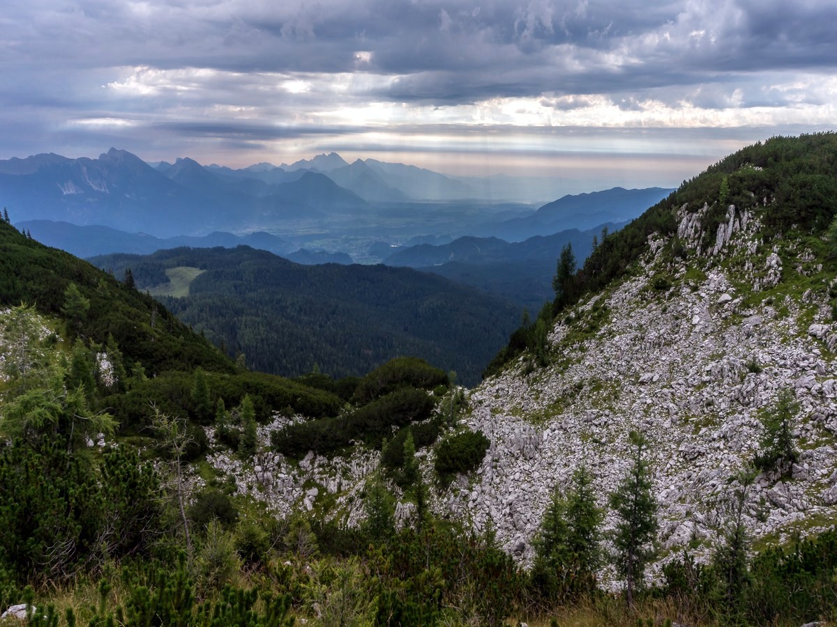 Panoramic views of Gorenjska region on Debela Peč trail in Julian Alps, Slovenia