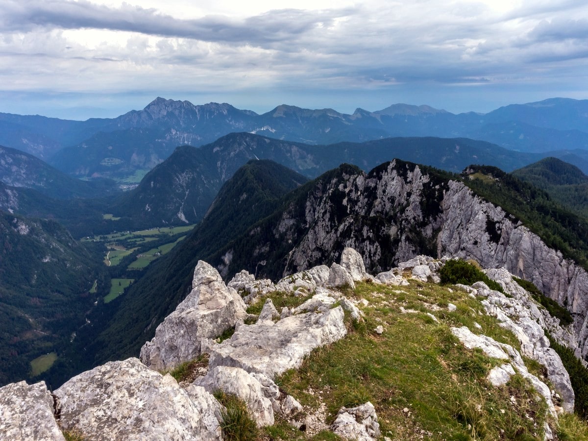 Views while hiking on Debela Peč trail in Julian Alps, Slovenia