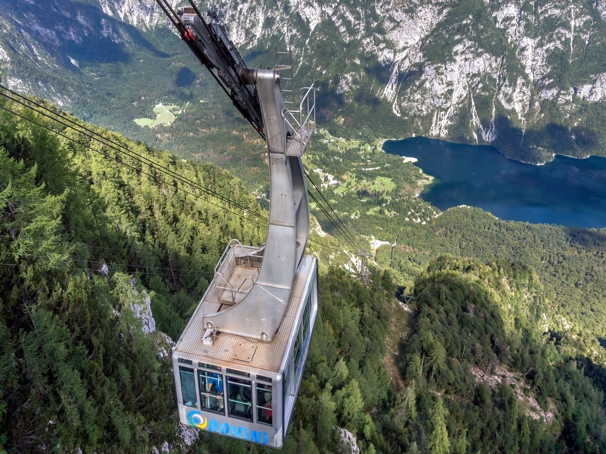 Cable car lift above Bohinj lake on the Vogel and Rodica Hike in Julian Alps, Slovenia