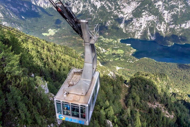 Cable car lift above Bohinj Lake in Julian Alps, Slovenia