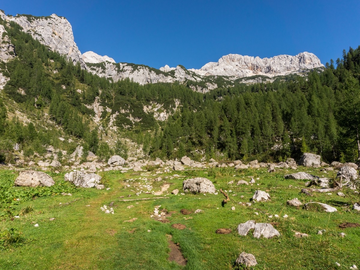 The grassy plateau at Malo Polje on the Kredarica Hike in Julian Alps, Slovenia