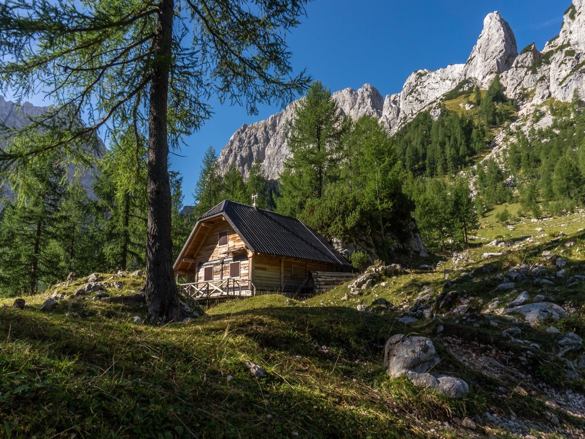 The shepherd's hut at Zgornja Krma pasture on Kredarica Hike in Julian Alps, Slovenia