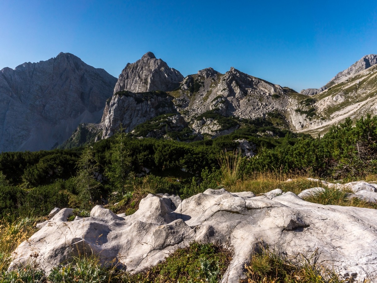 View towards Mount Tosc and Mount Vernar on the Kredarica Hike in Julian Alps, Slovenia