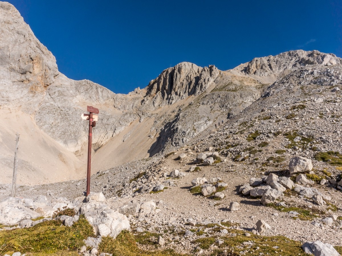 Intersection on top of Kalvarija Triglav hut on the Kredarica Hike in Julian Alps, Slovenia