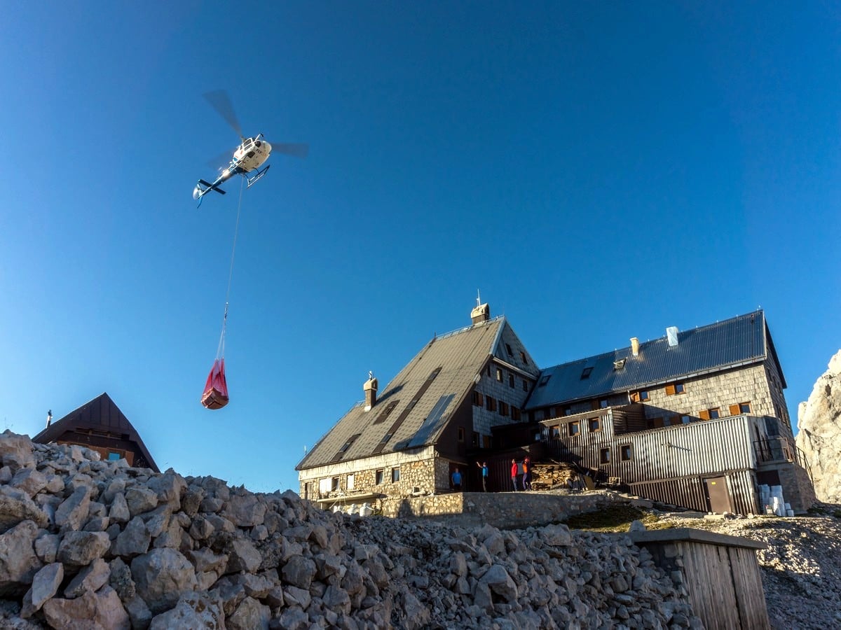 Helicopter supply on the Kredarica Hike in Julian Alps, Slovenia