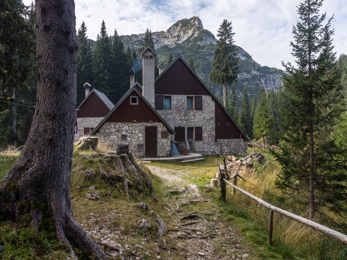 The Krn lakes hut on the Valley of the battlefield of Mount Krn Hike in Julian Alps, Slovenia