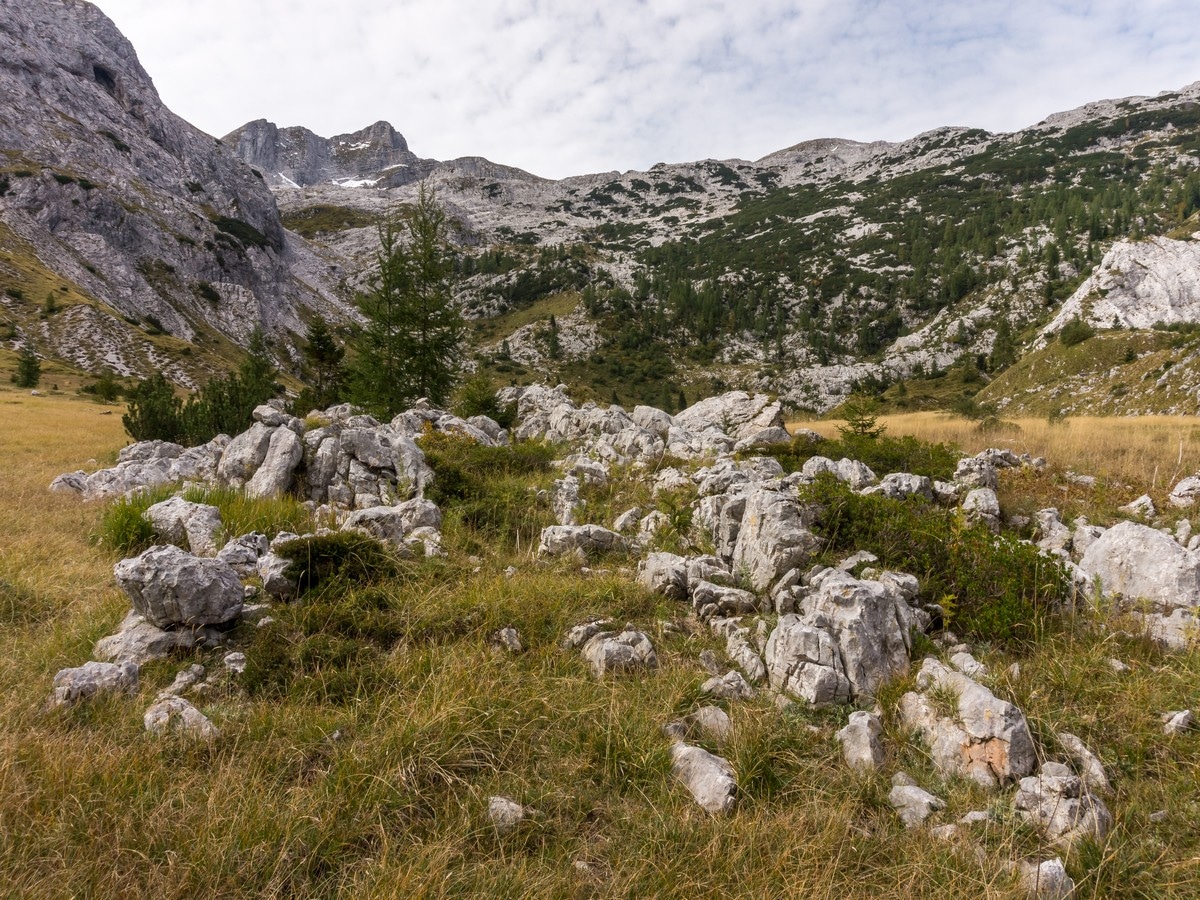 Rocky path of the battlefield of Mount Krn Hike in Julian Alps, Slovenia
