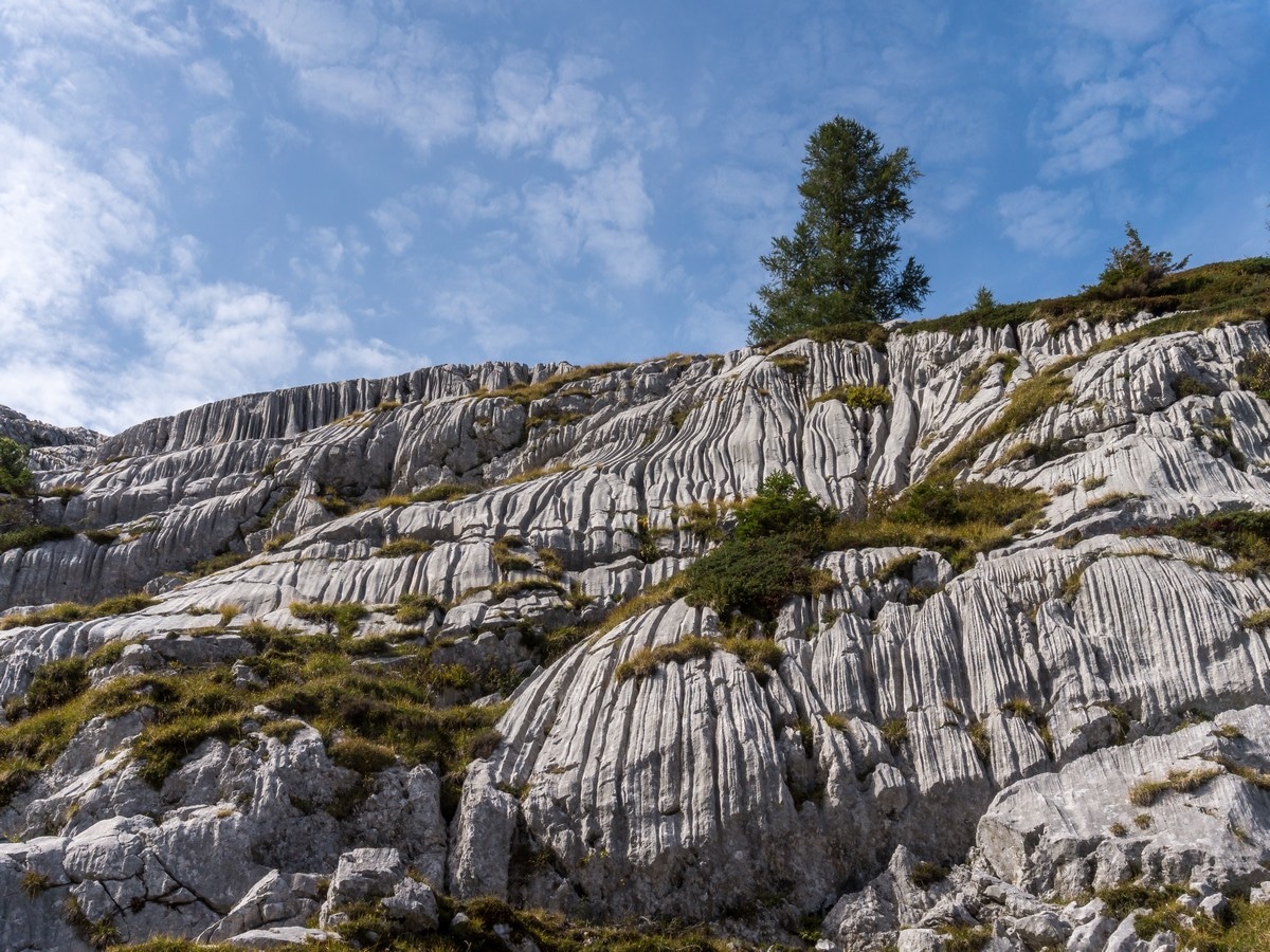 Water-made gutters in limestone slopes on the battlefield of Mount Krn Hike in Julian Alps, Slovenia