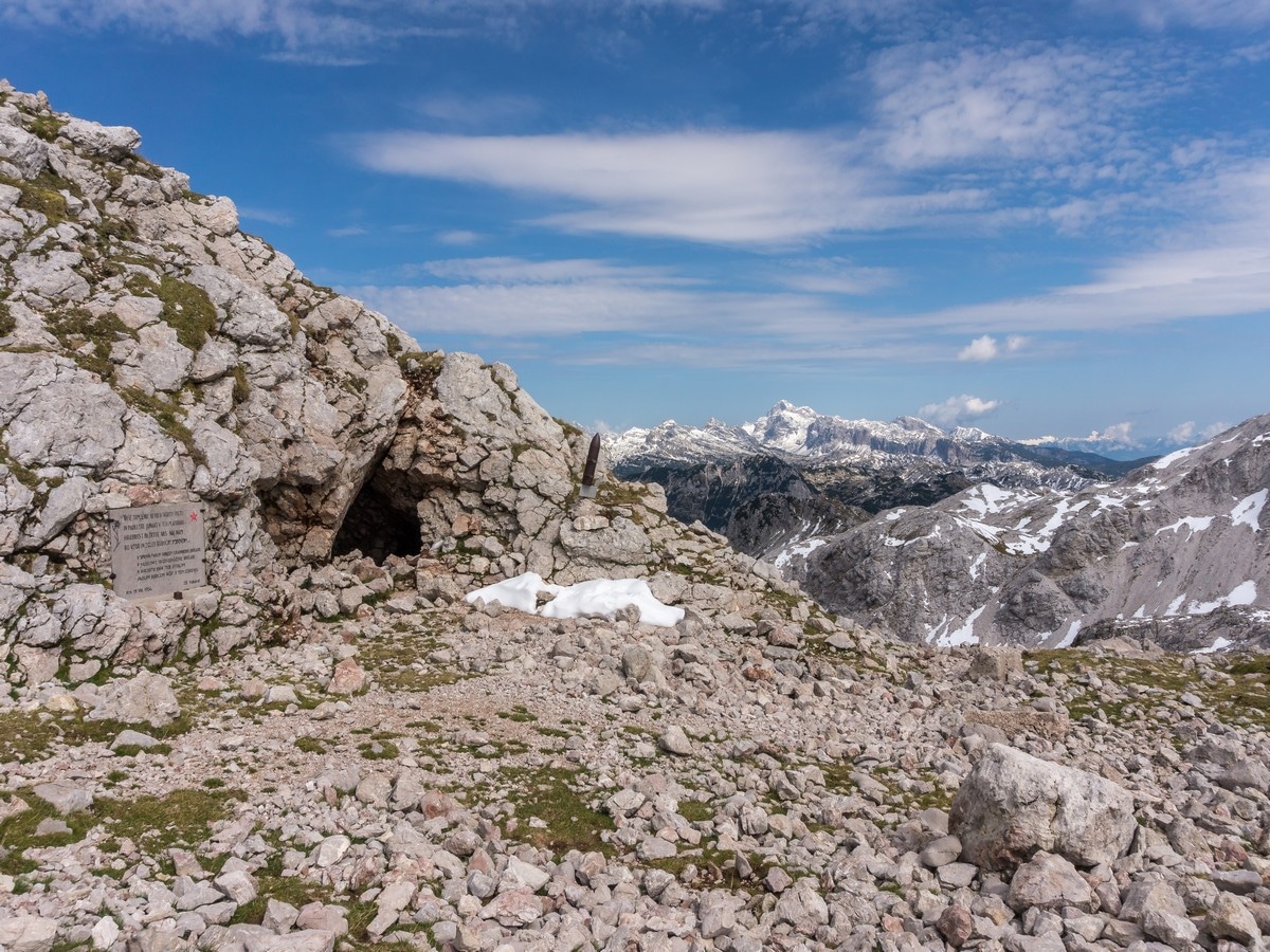 World War 1 bunker at Krn notch on the battlefield of Mount Krn Hike in Julian Alps, Slovenia